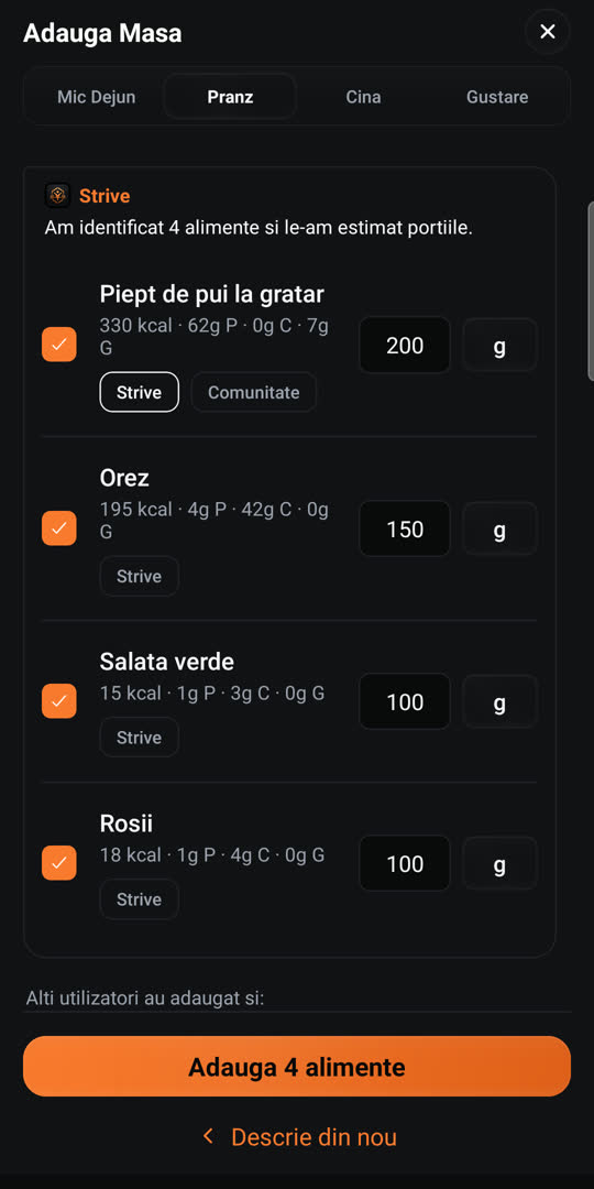 Alimentele recunoscute dintr-o descriere, cu porții și calorii
